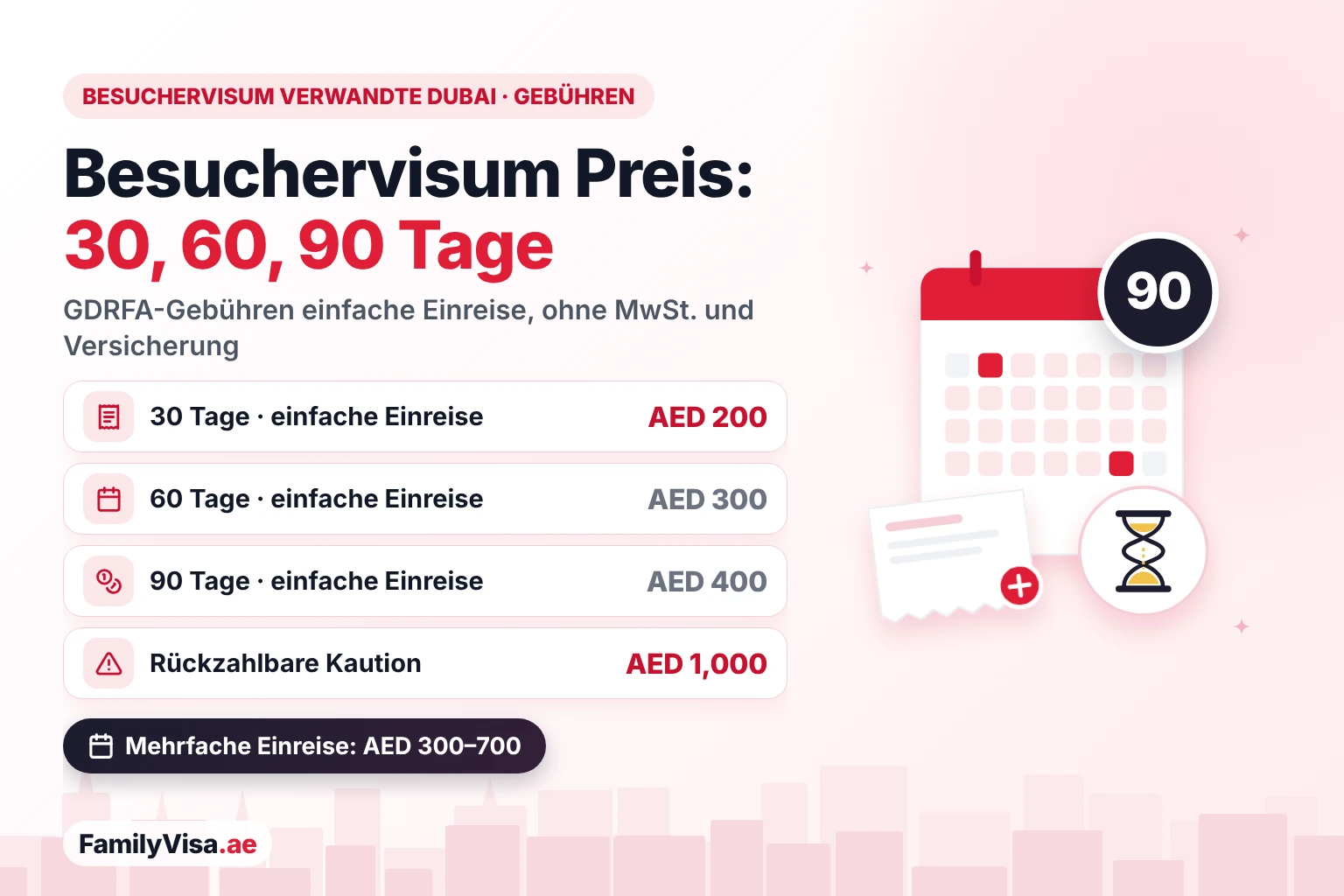 Besuchervisum Dubai Preis für 30, 60 und 90 Tage Besuchervisum Dubai Preis für Verwandte oder Freunde: AED 200 für 30 Tage, AED 300 für 60 Tage und AED 400 für 90 Tage bei einfacher Einreise, mit einer rückzahlbaren Kaution von AED 1,000 und Visa für mehrfache Einreise von AED 300 bis AED 700