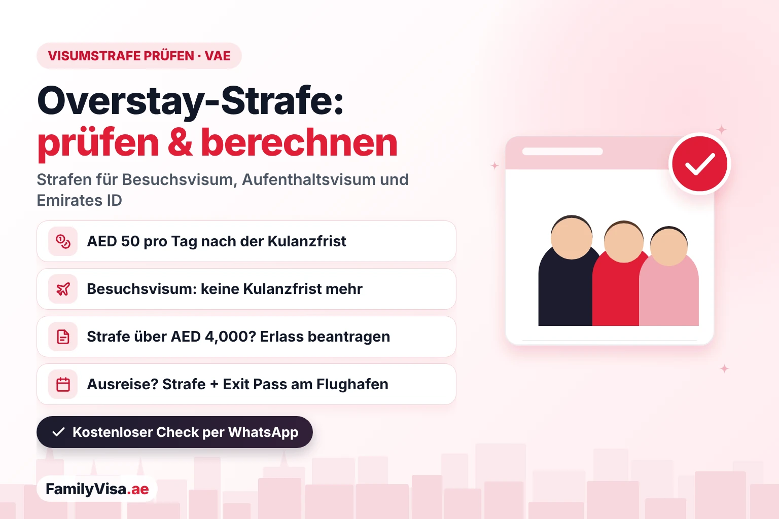 Visumstrafe prüfen und Overstay-Strafen in den VAE Visumstrafe VAE prüfen: Overstay-Strafen betragen AED 50 pro Tag nach der Kulanzfrist, Besuchsvisa haben keine Kulanzfrist, Emirates-ID-Strafen betragen AED 20 pro Tag bis AED 1,000, und bei einer Strafe über AED 4,000 ist ein Erlassantrag möglich