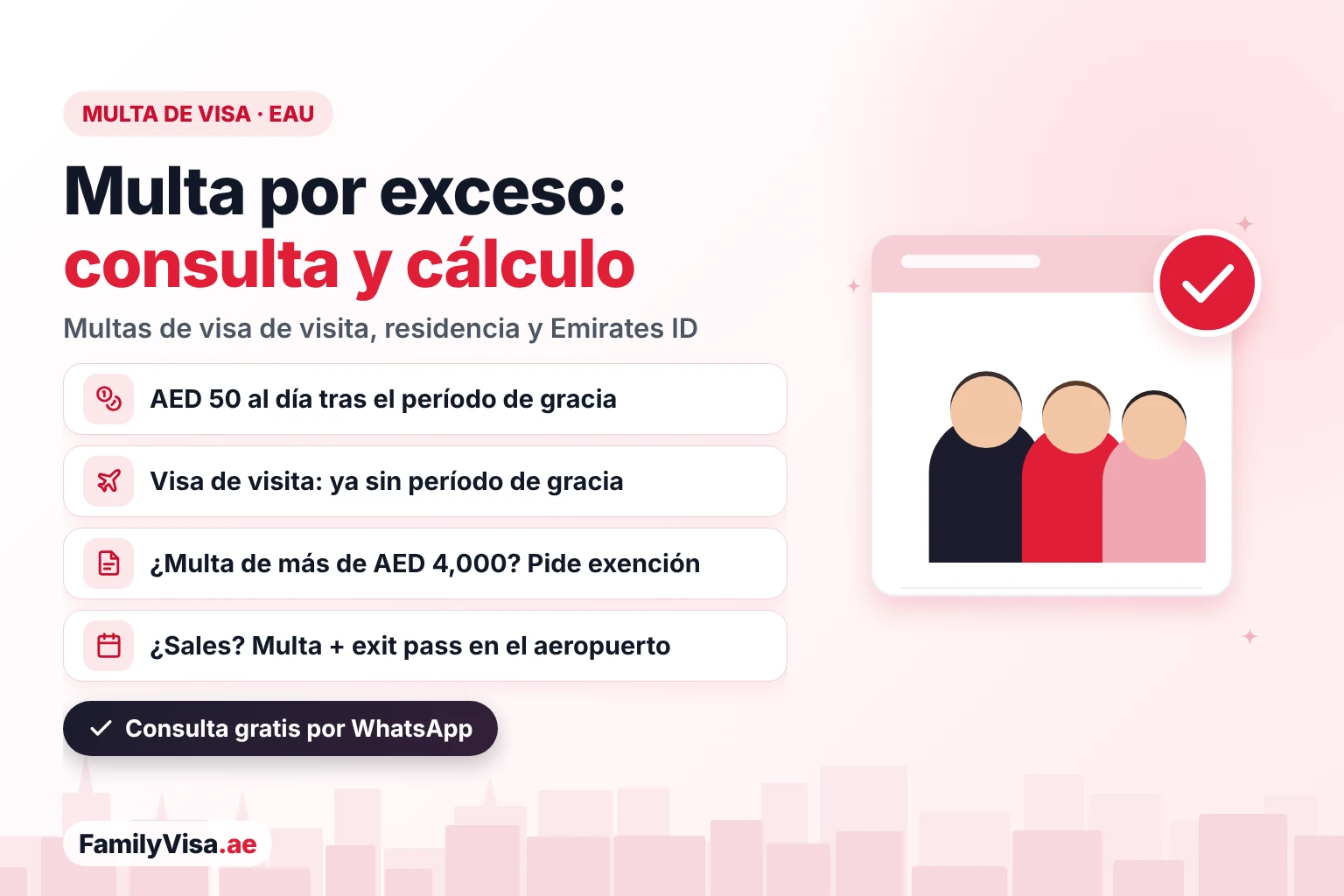 Consulta de multa de visa y multas por exceso de estadía en EAU Consulta de multa de visa en EAU: la multa por exceder la visa es de AED 50 al día tras el período de gracia, la visa de visita no tiene período de gracia, la multa del Emirates ID es de AED 20 al día hasta AED 1,000 y una multa de más de AED 4,000 puede ir a una solicitud de exención