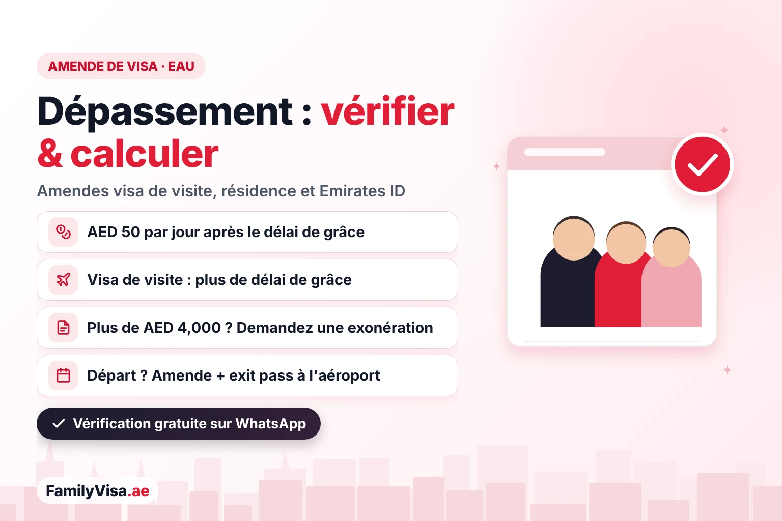 Vérifier son amende de dépassement de visa aux EAU Vérification de l'amende de visa aux EAU : l'amende de dépassement est de AED 50 par jour après le délai de grâce, les visas de visite n'ont pas de délai de grâce, l'amende Emirates ID est de AED 20 par jour jusqu'à AED 1,000, et une amende supérieure à AED 4,000 peut faire l'objet d'une demande d'exonération