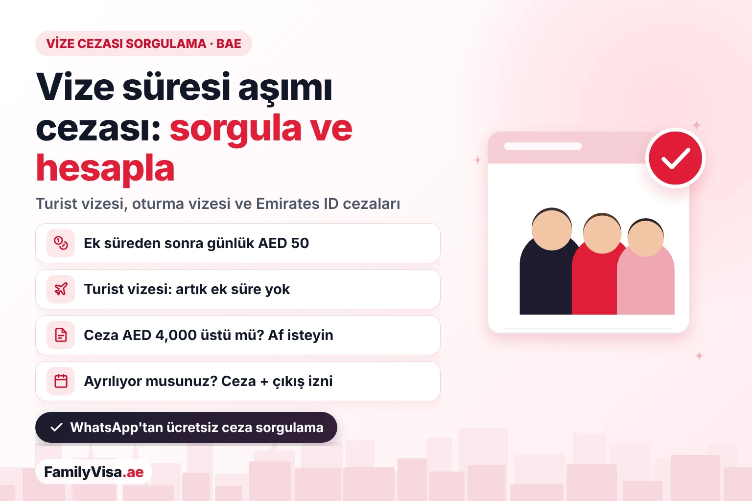 BAE'de vize cezası sorgulama ve vize süresi aşımı cezaları BAE vize cezası sorgulama: vize süresi aşımı cezası ek süreden sonra günlük AED 50, turist vizelerinde ek süre yok, Emirates ID cezası günlük AED 20 ve en fazla AED 1,000, AED 4,000 üzerindeki bir ceza için af talebi yapılabilir