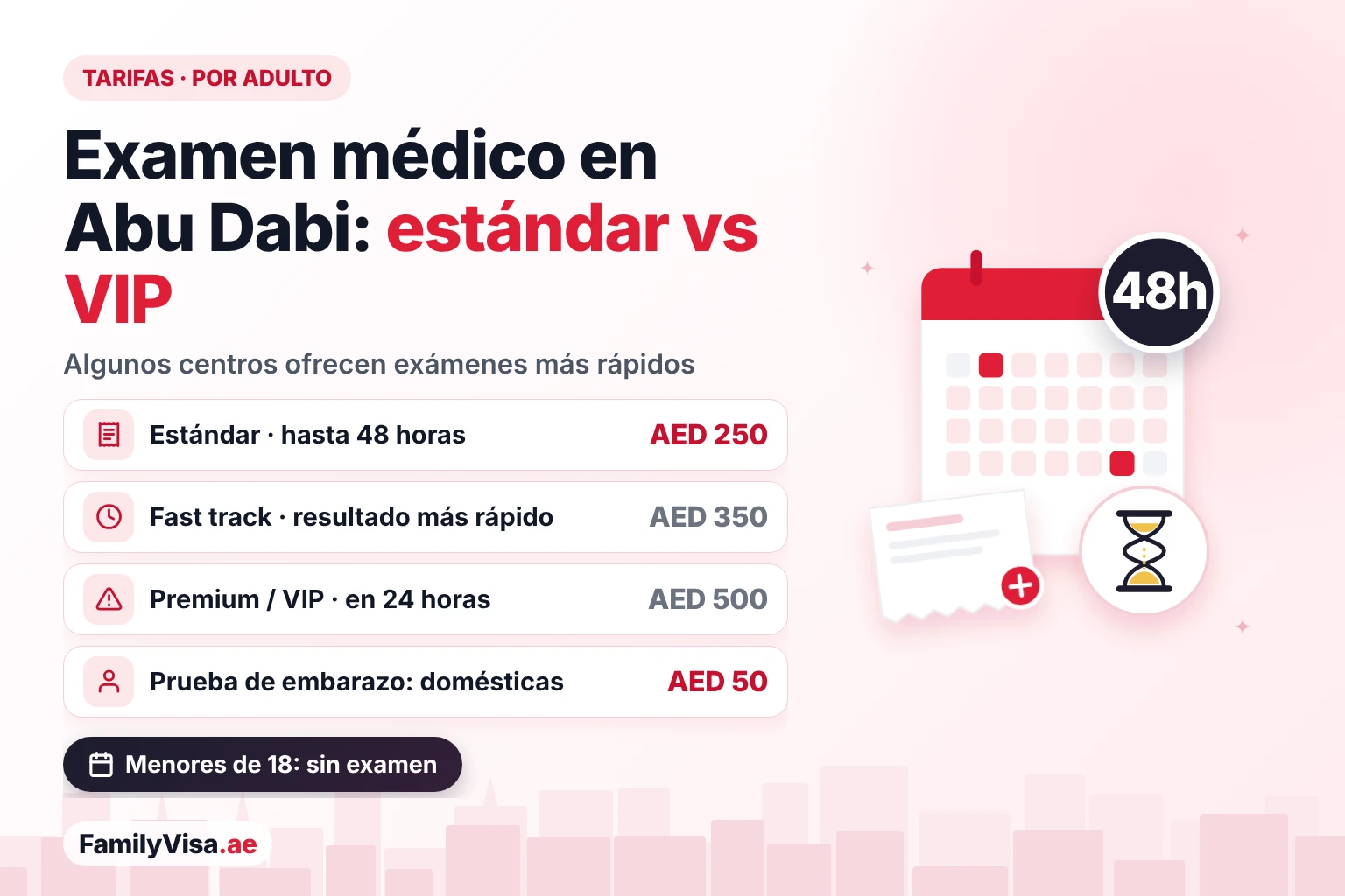 Tarifas del examen médico de visa en Abu Dabi: estándar vs VIP Tarifas del examen médico de visa en Abu Dabi: AED 250 estándar con resultado en 48 horas, AED 350 fast track, AED 500 premium o VIP en 24 horas, AED 50 prueba de embarazo para trabajadoras domésticas; los menores de 18 no necesitan examen