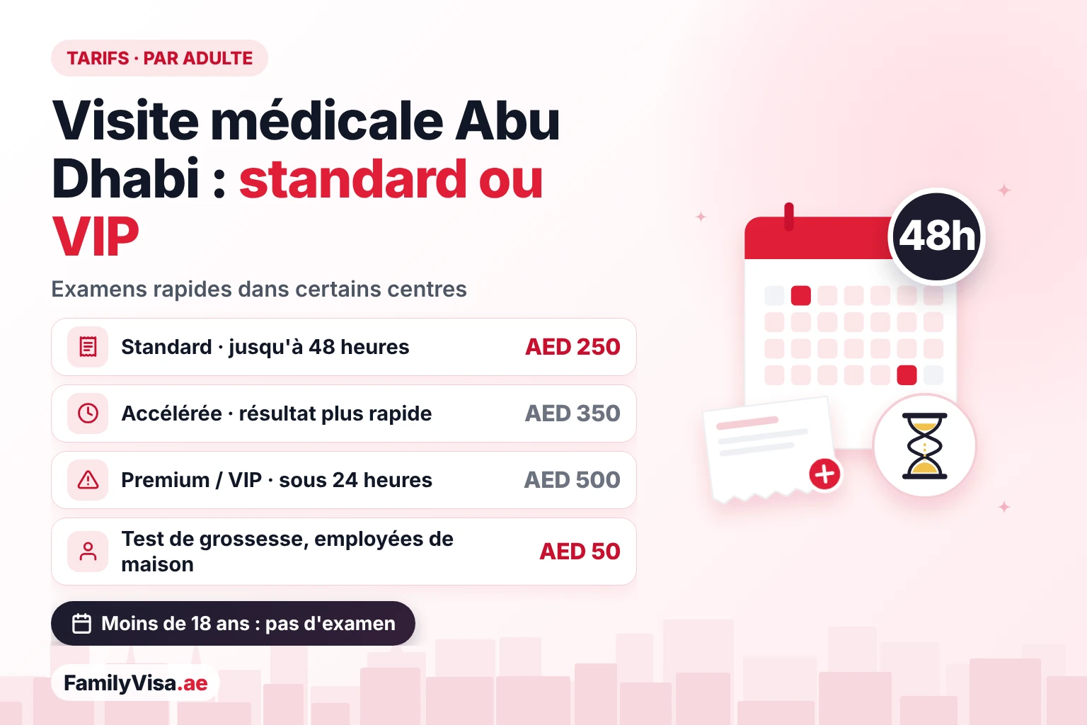 Prix de la visite médicale à Abu Dhabi : standard ou VIP Tarifs de la visite médicale pour visa à Abu Dhabi : AED 250 en standard avec résultat sous 48 heures, AED 350 en accéléré, AED 500 en premium ou VIP sous 24 heures, AED 50 pour le test de grossesse des employées de maison ; pas d'examen pour les enfants de moins de 18 ans