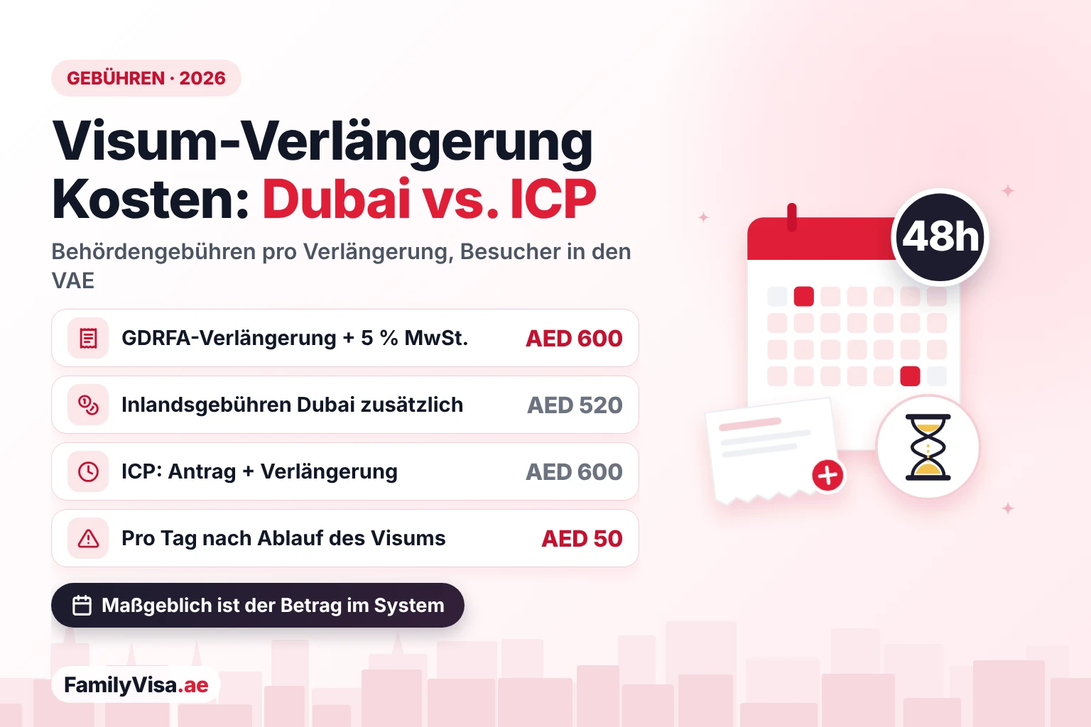 Visum-Verlängerung Kosten: Dubai vs. ICP Kosten der Besuchervisum-Verlängerung in Dubai und den anderen Emiraten: AED 600 plus MwSt. und AED 520 Inlandsgebühren bei der GDRFA, etwa AED 600 bei ICP und eine Overstay-Strafe von AED 50 pro Tag nach Ablauf des Visums