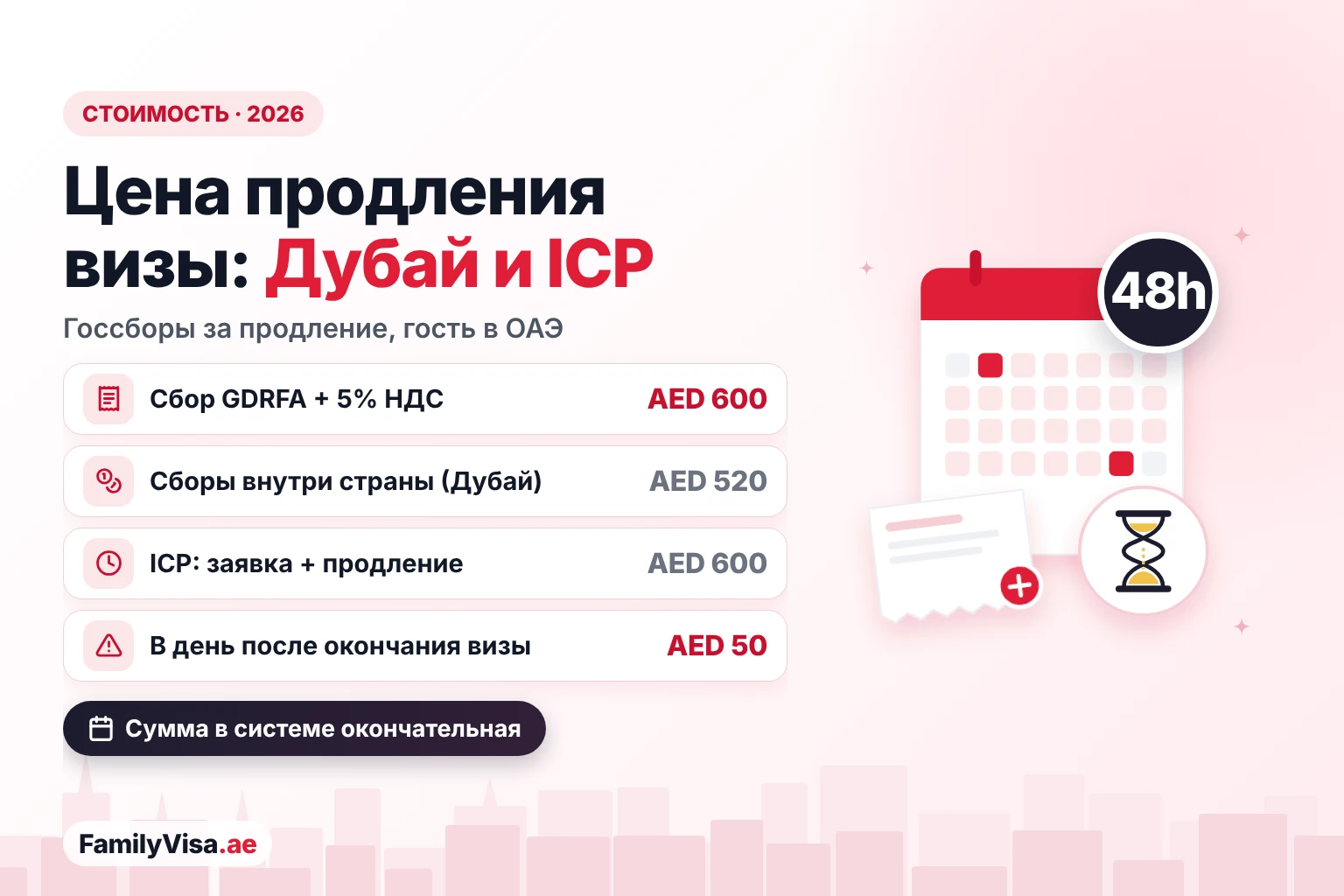 Стоимость продления визы: Дубай и ICP Стоимость продления гостевой визы в Дубае и других эмиратах: AED 600 плюс НДС и AED 520 сборов внутри страны в GDRFA, около AED 600 в ICP и штраф AED 50 в день после окончания визы