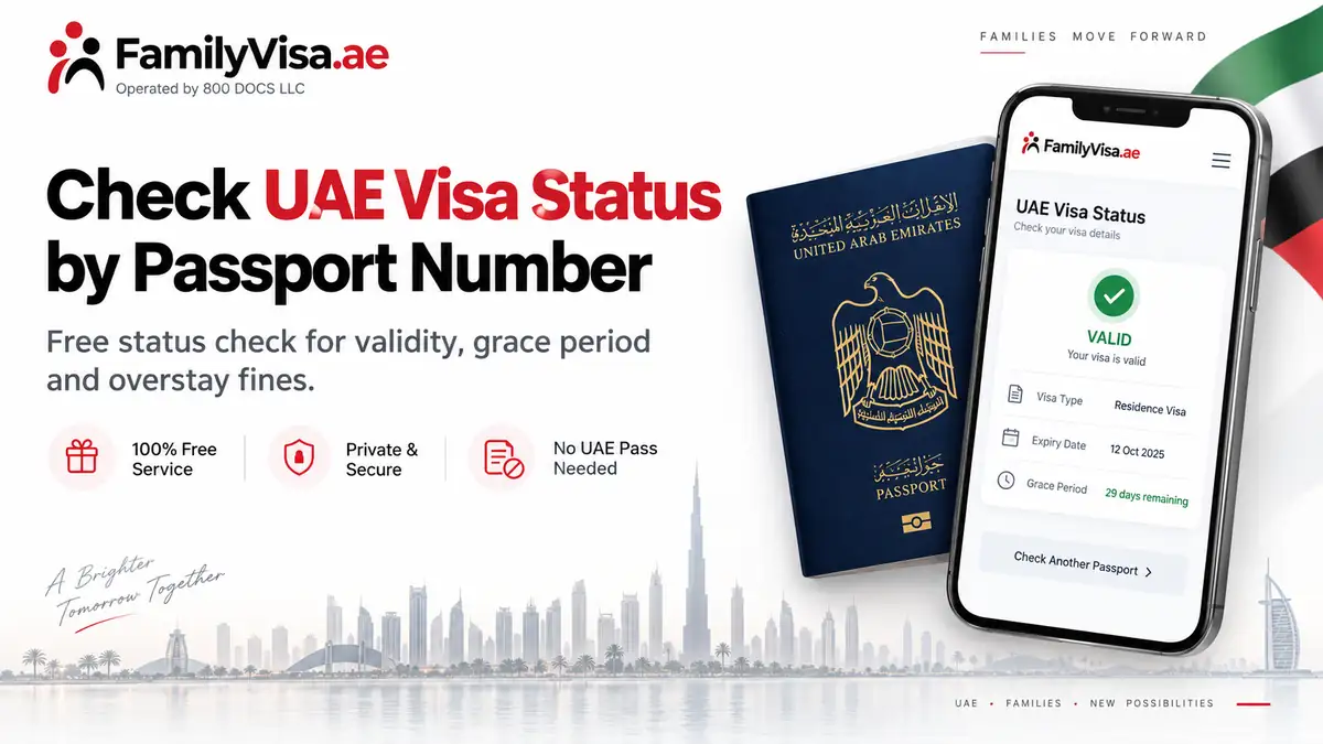 التحقق من حالة التأشيرة في الإمارات برقم جواز السفر عبر الإنترنت مجانًا — شاشة هاتف من FamilyVisa.ae تعرض نتيجة تأشيرة سارية مع تاريخ الانتهاء وفترة السماح