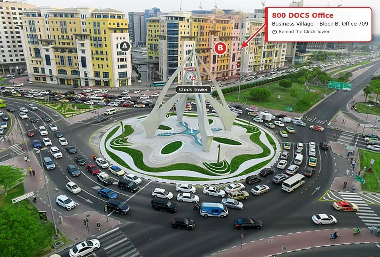 Map: FamilyVisa.ae / 800 DOCS office — Business Village, Block B, next to the Dubai Clock Tower roundabout, Deira
